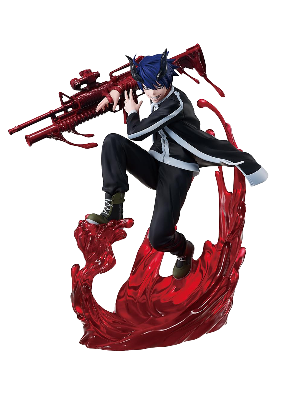 Figure da collezione del personaggio Shiki Ichinose dal manga Togen Anki. Il ragazzo, con capelli blu, corna nere e un sorriso malizioso, è ritratto a mezz'aria mentre impugna un grosso fucile rosso sopra una base scenografica formata da grandi spruzzi di sangue semitrasparente.