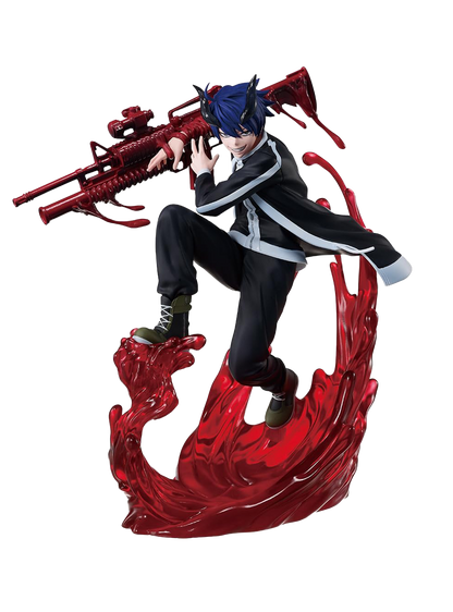Figure da collezione del personaggio Shiki Ichinose dal manga Togen Anki. Il ragazzo, con capelli blu, corna nere e un sorriso malizioso, è ritratto a mezz'aria mentre impugna un grosso fucile rosso sopra una base scenografica formata da grandi spruzzi di sangue semitrasparente.