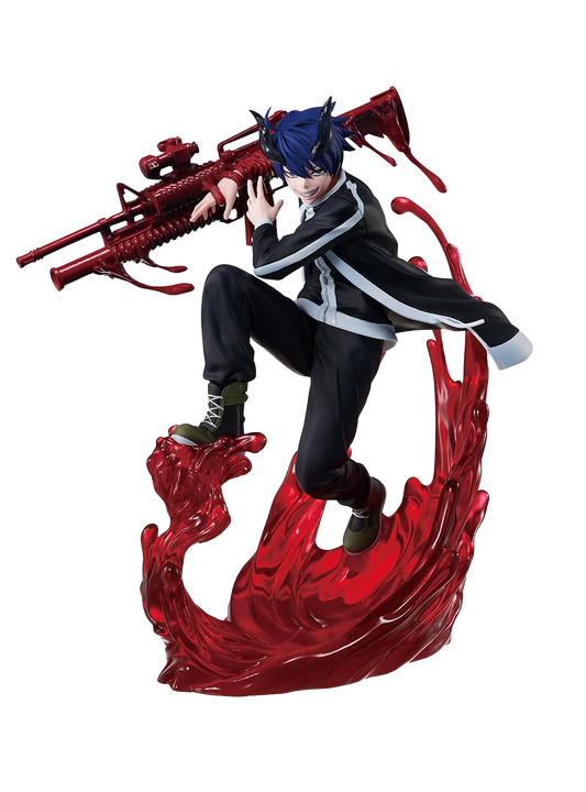 Figure da collezione del personaggio Shiki Ichinose dal manga Togen Anki. Il ragazzo, con capelli blu, corna nere e un sorriso malizioso, è ritratto a mezz'aria mentre impugna un grosso fucile rosso sopra una base scenografica formata da grandi spruzzi di sangue semitrasparente.