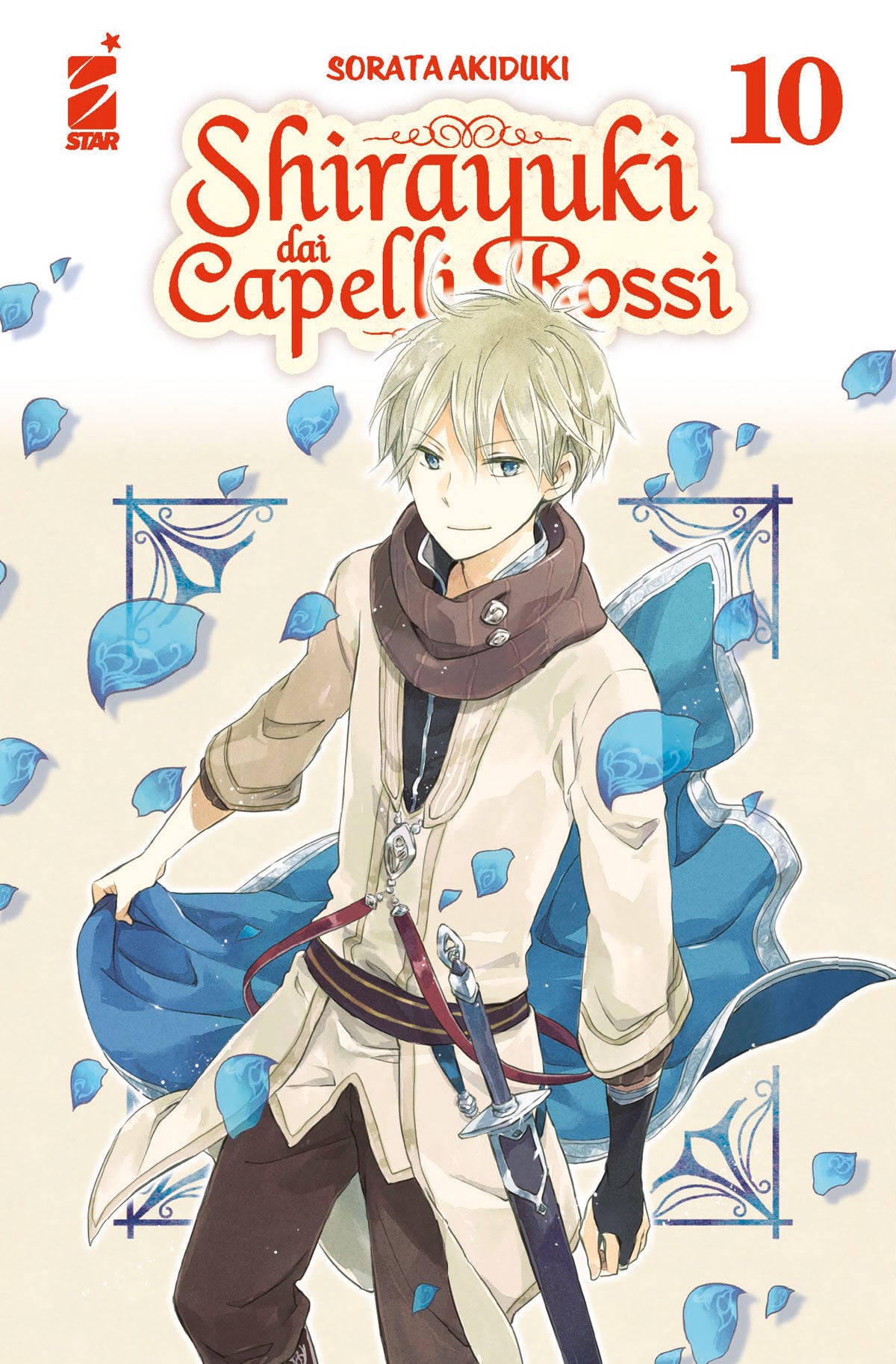 Copertina del decimo volume in italiano del manga shojo fantasy 'Shirayuki dai Capelli Rossi' di Sorata Akiduki, edito da Star Comics. L'illustrazione su uno sfondo chiaro decorato da petali di rose blu in volo ritrae in primo piano a figura intera il principe Zen Wistaria con corti capelli d'argento, occhi azzurri e un lieve sorriso, vestito con tunica chiara, collo marrone, spada al fianco e mantello azzurro-blu mosso dal vento, sormontato dal titolo SHIRAYUKI DAI CAPELLI ROSSI in rosso, dal numero 10 in 