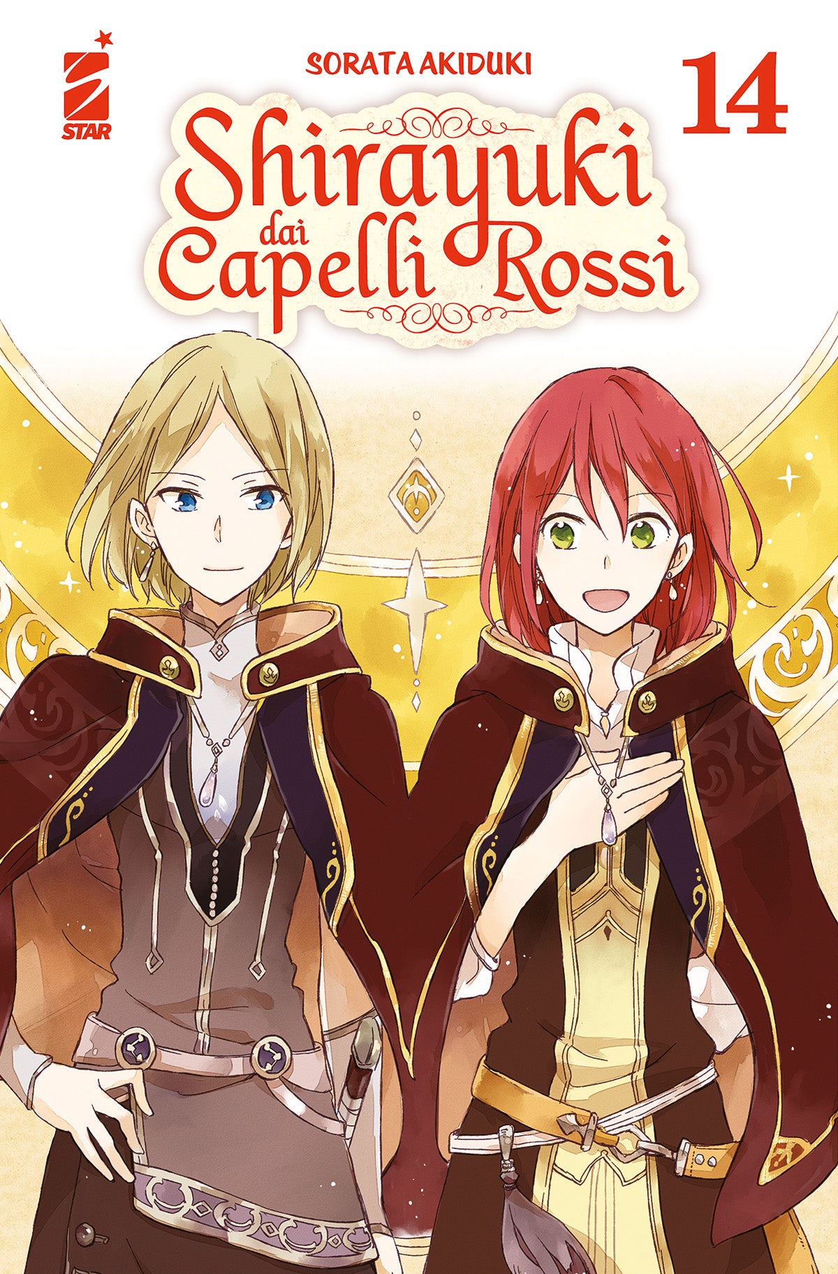Copertina del quattordicesimo volume del manga 'Shirayuki dai Capelli Rossi' di Sorata Akiduki, edito da Star Comics. L'illustrazione ritrae Shirayuki sorridente dai capelli rossi affiancata da una giovane ragazza dai capelli biondi corti, entrambe in mantelli coordinati con ciondoli, sormontate dal titolo e dal numero 14 in rosso.