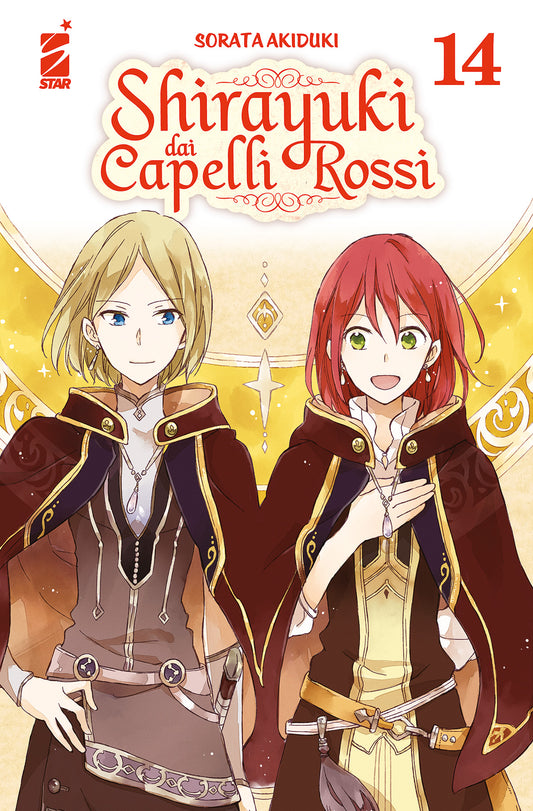 Copertina del quattordicesimo volume del manga 'Shirayuki dai Capelli Rossi' di Sorata Akiduki, edito da Star Comics. L'illustrazione ritrae Shirayuki sorridente dai capelli rossi affiancata da una giovane ragazza dai capelli biondi corti, entrambe in mantelli coordinati con ciondoli, sormontate dal titolo e dal numero 14 in rosso.