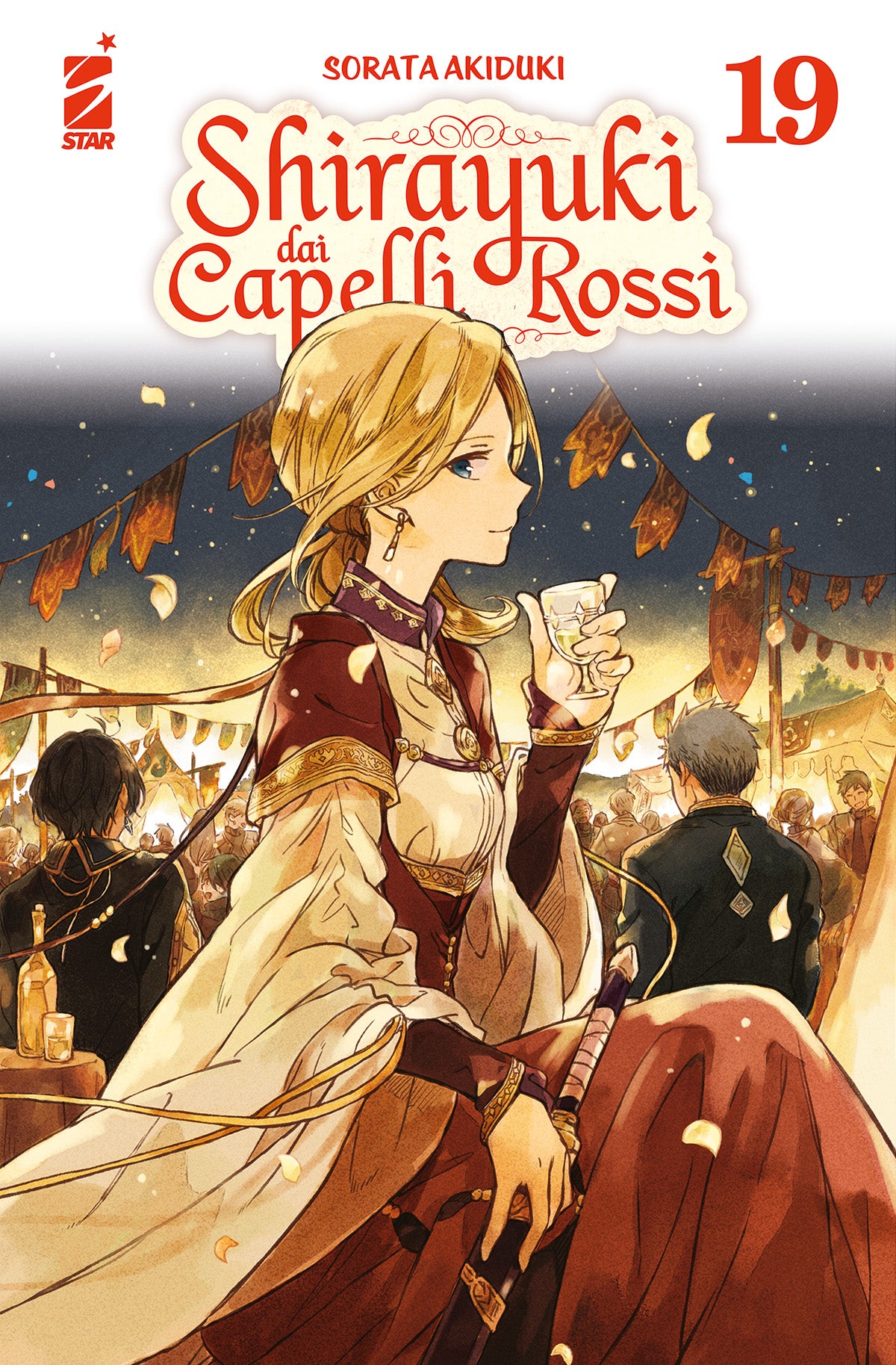 Copertina del diciannovesimo volume del manga 'Shirayuki dai Capelli Rossi' di Sorata Akiduki, edito da Star Comics. L'illustrazione ritrae Kiki in abito nobiliare mentre sorregge un calice durante una festa serale all'aperto, sormontata dal titolo e dal numero 19.