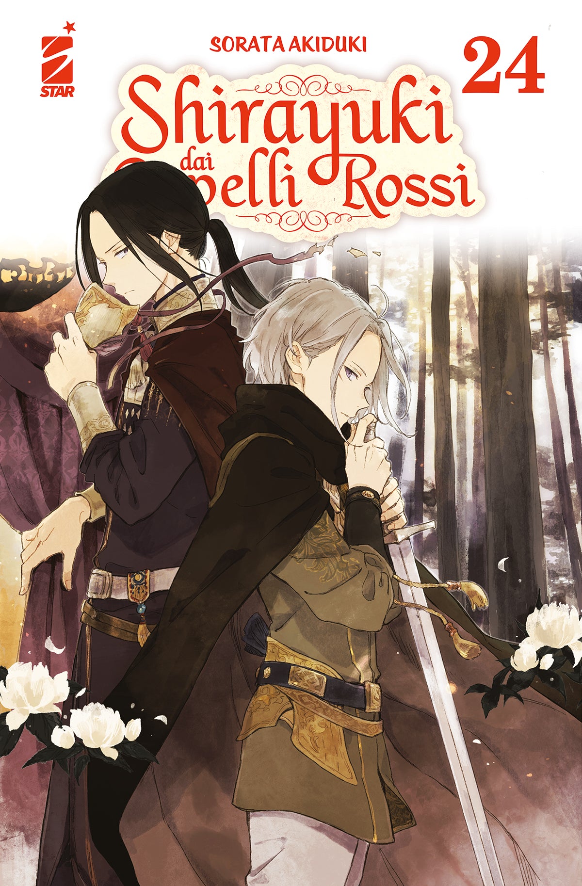 Copertina del ventiquattresimo volume in italiano del manga shojo fantasy 'Shirayuki dai Capelli Rossi' di Sorata Akiduki, edito da Star Comics. L'illustrazione ritrae in primo piano due nobili personaggi davanti a una tenda scura e uno sfondo di alberi di un bosco: a sinistra Eisetsu dai lunghi capelli neri legati mentre tiene una tazza, e a destra un cavaliere dai capelli argento con mantello scuro che impugna una spada, incorniciati da peonie bianche in basso e sormontati dal titolo SHIRAYUKI DAI CAPELLI