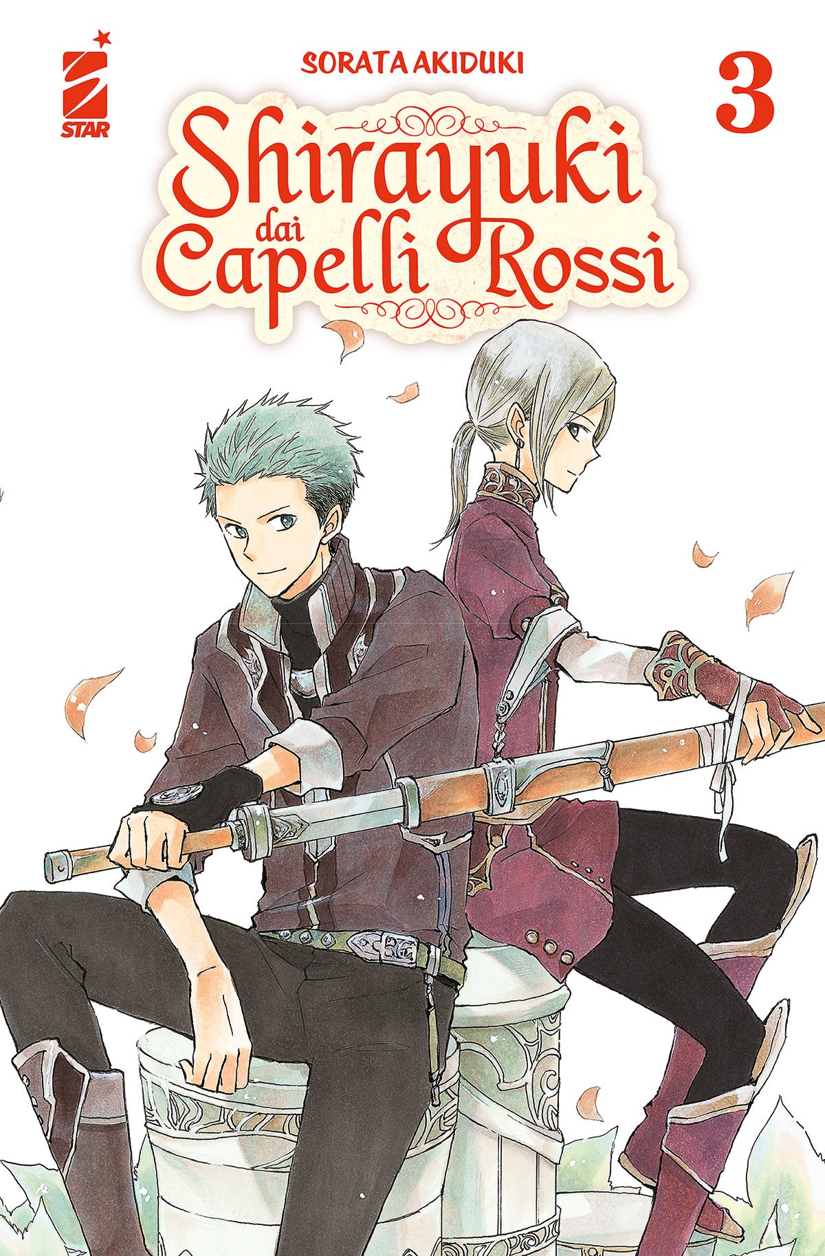 Copertina del terzo volume in italiano del manga shojo fantasy 'Shirayuki dai Capelli Rossi' di Sorata Akiduki, edito da Star Comics. L'illustrazione su uno sfondo bianco con petali di fiori in volo ritrae in primo piano i due fidati cavalieri di Zen seduti schiena contro schiena: Mitsuhide Lowen a sinistra con capelli corti verde-azzurri mentre impugna il fodero di una spada, e Kiki Seiran a destra con capelli biondi legati in una coda e abito marrone e viola, sormontati dal titolo SHIRAYUKI DAI CAPELLI RO