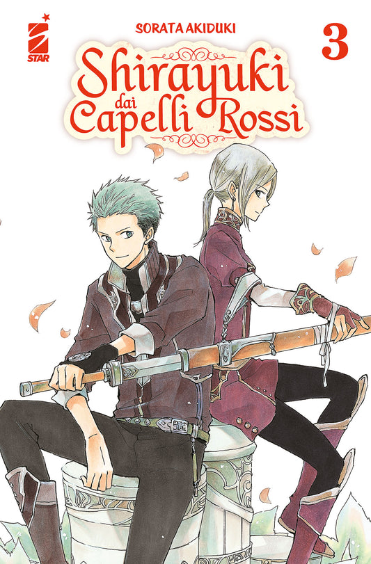 Copertina del terzo volume in italiano del manga shojo fantasy 'Shirayuki dai Capelli Rossi' di Sorata Akiduki, edito da Star Comics. L'illustrazione su uno sfondo bianco con petali di fiori in volo ritrae in primo piano i due fidati cavalieri di Zen seduti schiena contro schiena: Mitsuhide Lowen a sinistra con capelli corti verde-azzurri mentre impugna il fodero di una spada, e Kiki Seiran a destra con capelli biondi legati in una coda e abito marrone e viola, sormontati dal titolo SHIRAYUKI DAI CAPELLI RO