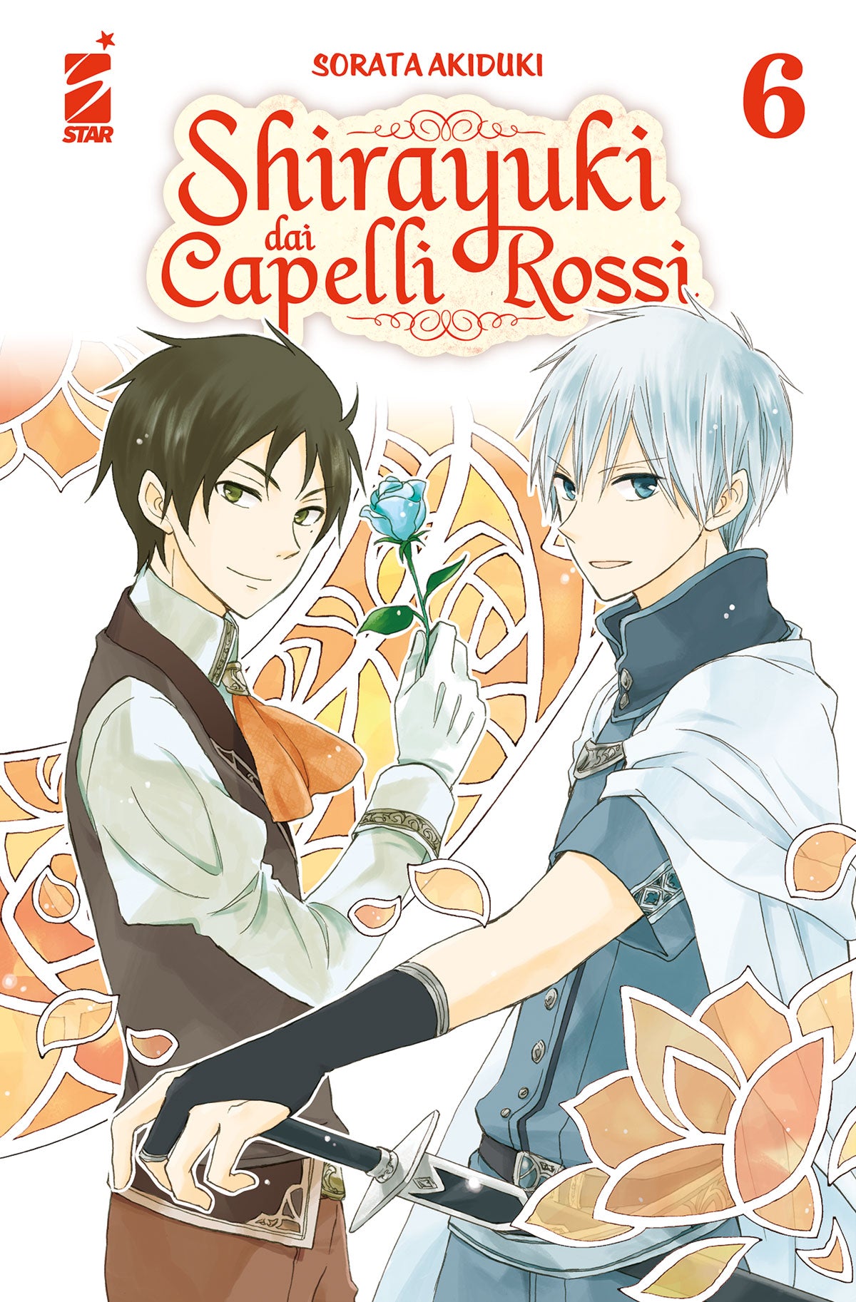 Copertina del sesto volume in italiano del manga shojo fantasy 'Shirayuki dai Capelli Rossi' di Sorata Akiduki, edito da Star Comics. L'illustrazione ritrae a mezzo busto il principe Raji Shenazard a sinistra con capelli scuri, occhi verdi e una rosa blu tra le mani guantate di bianco, e il principe Zen Wistaria a destra con capelli d'argento, occhi azzurri, abito azzurro e mano sull'impugnatura della spada, incorniciati da una decorazione a vetrata e petali arancioni in volo, sormontati dal titolo SHIRAYUK