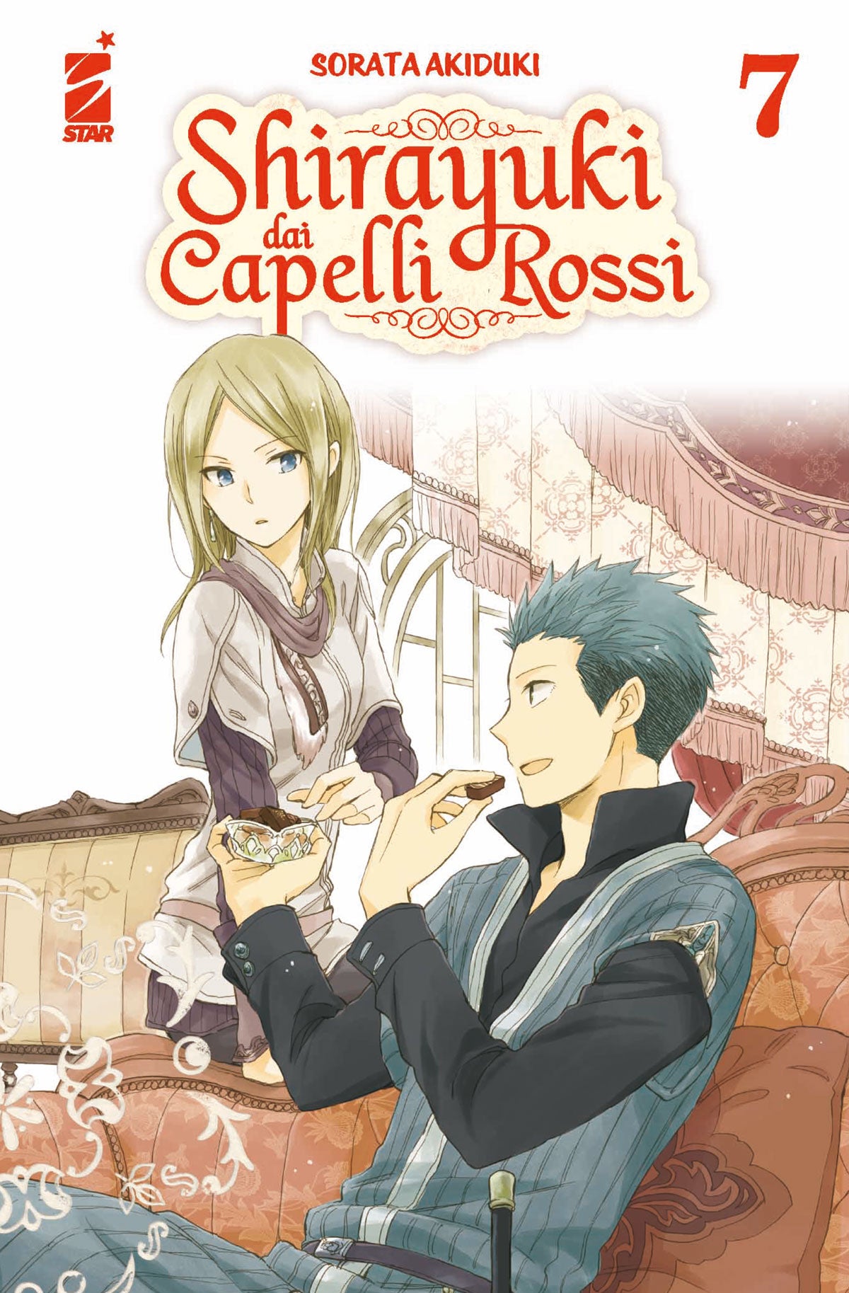 Copertina del settimo volume in italiano del manga shojo fantasy 'Shirayuki dai Capelli Rossi' di Sorata Akiduki, edito da Star Comics. L'illustrazione ambientata in una raffinata stanza ritrae in primo piano Mitsuhide Lowen a destra con capelli corti verde-azzurri seduto su un divano elegante mentre mangia un dolcetto, affiancato da Kiki Seiran a sinistra con capelli biondi che regge una coppa di dolciumi, sormontati dal titolo SHIRAYUKI DAI CAPELLI ROSSI in rosso, dal numero 7 in alto a destra e dal logo 