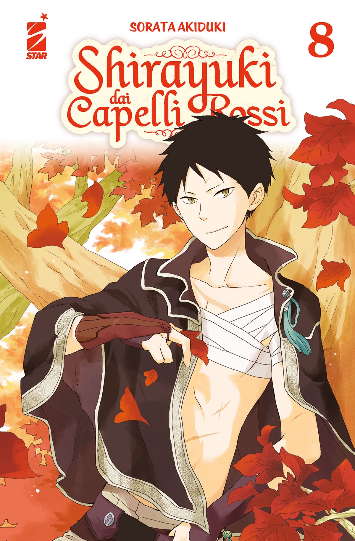 Copertina dell'ottavo volume in italiano del manga shojo fantasy 'Shirayuki dai Capelli Rossi' di Sorata Akiduki, edito da Star Comics. L'illustrazione dall'atmosfera autunnale ritrae Obi con occhi d'ambra e un accenno di sorriso, con indosso un mantello scuro aperto e fasce bianche attorno al torso nudo, immerso tra rami e foglie rosse d'acero in volo, sormontato dal titolo SHIRAYUKI DAI CAPELLI ROSSI in rosso, dal numero 8 in alto a destra e dal logo Star Comics in alto a sinistra.