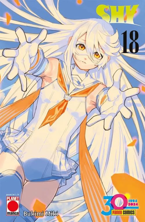 Copertina del diciottesimo volume in italiano del manga 'Shy' di Bukimi Miki, edito da Panini Planet Manga. L'illustrazione su uno sfondo azzurro cielo con petali arancioni fluttuanti ritrae in primo piano la protagonista eroina con lunghi capelli bianchi e occhi dorati mentre tende le mani guantate verso l'osservatore, indossando il suo costume bianco con dettagli e colletto arancioni, affiancata dal titolo SHY e dal numero 18 in alto a destra, dal nome dell'autrice Bukimi Miki e dai loghi Planet Manga.