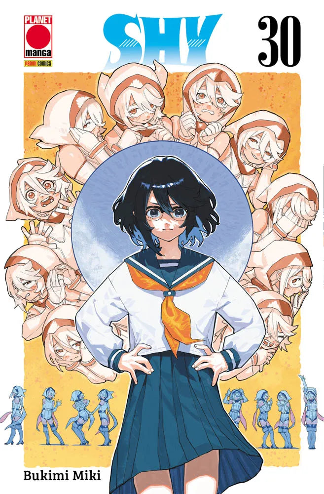 Copertina del trentesimo volume del manga 'Shy' di Bukimi Miki, edito da Planet Manga. L'illustrazione ritrae in primo piano la protagonista Teru Momijiyama in divisa scolastica con fiocco arancione e braccia conserte, circondata da una cornice circolare contenente varie illustrazioni con diverse espressioni di Uh Uh con cappuccio, sormontata dal titolo 'SHY' in azzurro e dal numero 30 in alto a destra.