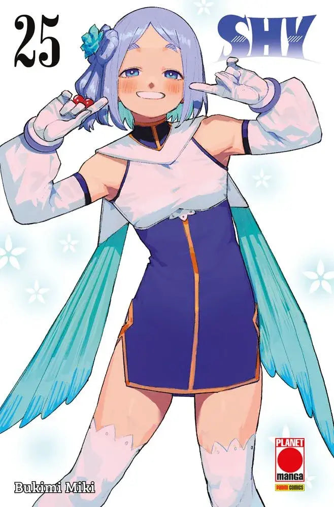 La copertina di Shy Vol. 25 raffigura un personaggio femminile (con capelli corti color lavanda/azzurri e un outfit bianco e blu) in una posa giocosa mentre fa il segno della pace con entrambe le mani e sorride.