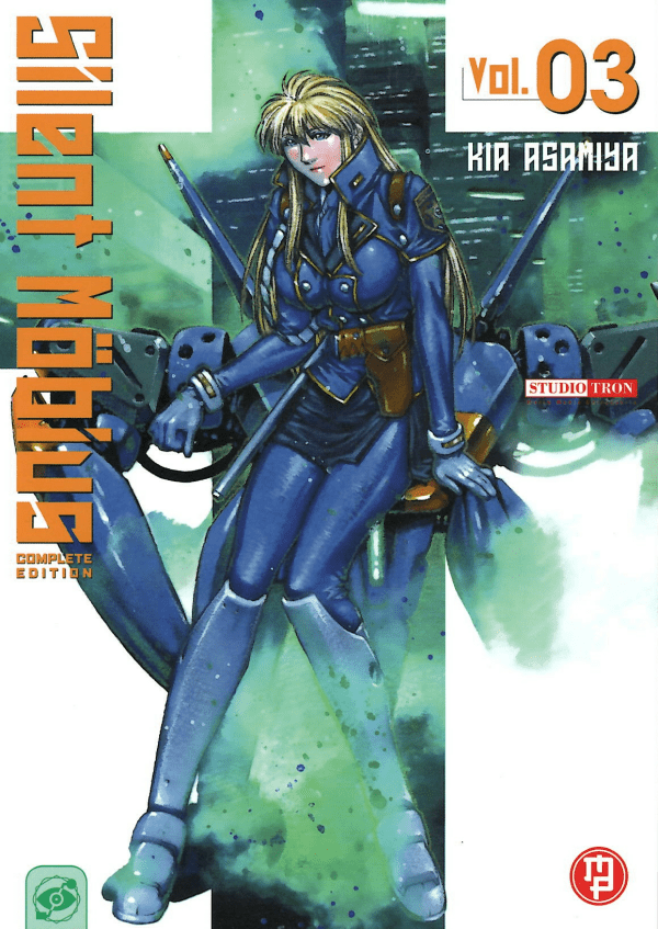 Un'illustrazione in stile acquerello che ritrae un'agente dell'AMP dai lunghi capelli biondi (Kiddy Phenil) in uniforme blu, seduta con espressione malinconica su un macchinario futuristico, sulla copertina di Silent Mobius Vol. 3.