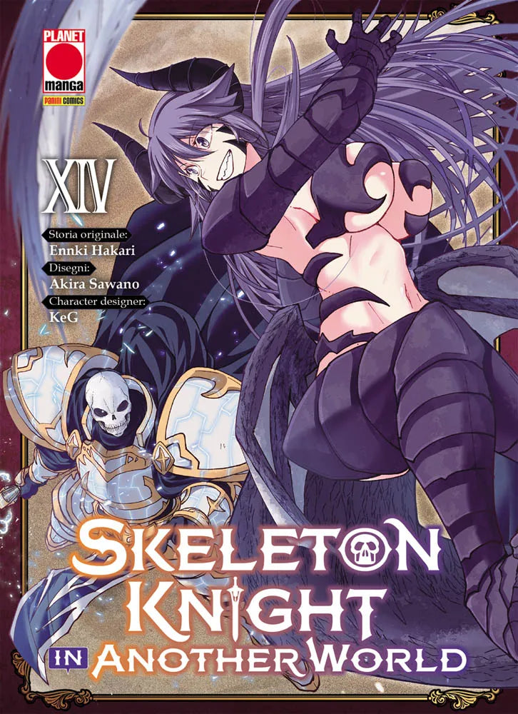 Copertina del quattordicesimo volume in italiano del manga 'Skeleton Knight in Another World' di Ennki Hakari e Akira Sawano, edito da Panini Planet Manga. L'illustrazione mostra in primo piano una figura femminile demoniaca dai lunghi capelli viola, corna e armatura scura, con il cavaliere scheletrico Arc in armatura pesante visibile in basso a sinistra.