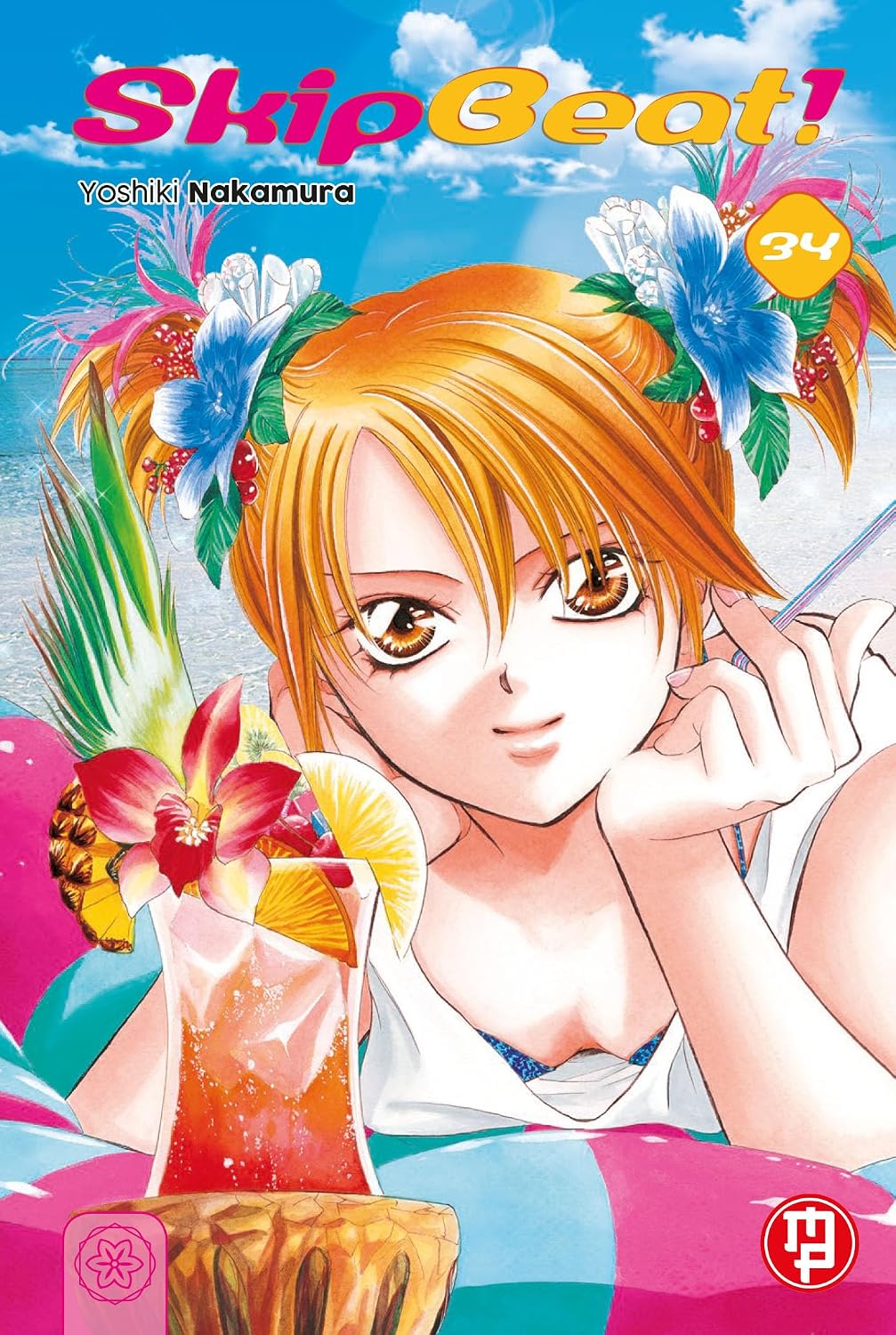 Copertina del trentaquattresimo volume del manga 'Skip Beat!' di Yoshiki Nakamura, edito da Magic Press. L'illustrazione ritrae Kyoko in stile tropicale con fiori tra i capelli e un cocktail estivo, sormontata dal titolo e dal numero 34.
