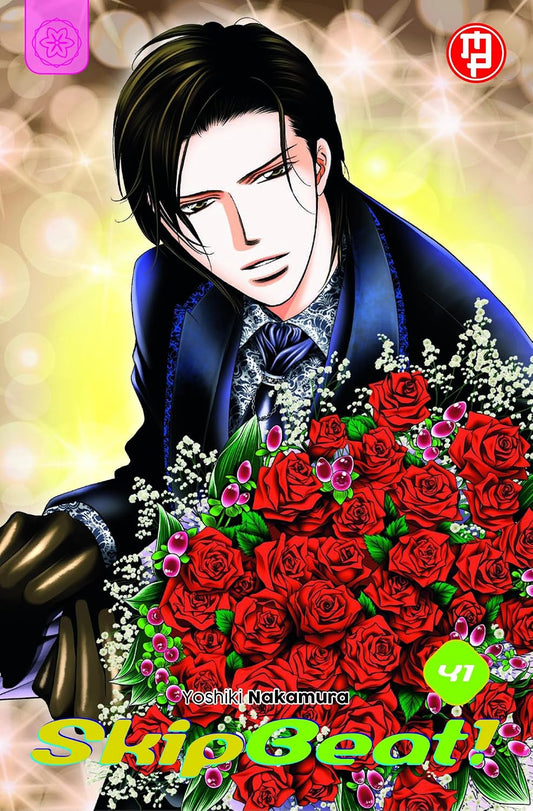 Copertina del volume 41 di Skip Beat! edito da Magic Press con Ren Tsuruga in abito elegante con un grande mazzo di rose rosse.