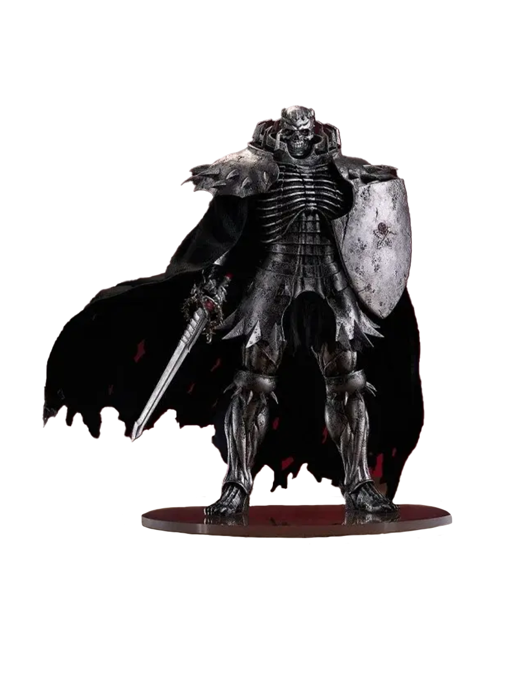 Action figure Pop Up Parade L dello Skull Knight della serie Berserk. Il personaggio scheletrico è posizionato in piedi su una base circolare trasparente, con uno sfondo rosso scuro. Indossa un'imponente armatura metallica irta di spuntoni sulle spalle e sulle gambe, coperta in parte da un lungo mantello nero molto strappato ai bordi. Nella mano destra impugna saldamente una spada dal design elaborato, mentre sul braccio sinistro porta un grande scudo segnato dalle battaglie.