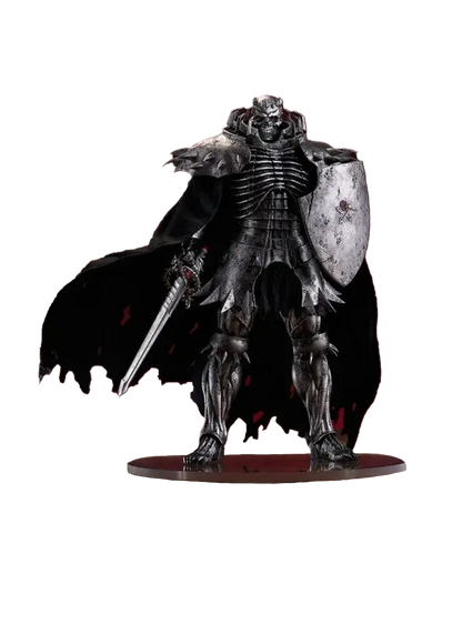 Action figure Pop Up Parade L dello Skull Knight della serie Berserk. Il personaggio scheletrico è posizionato in piedi su una base circolare trasparente, con uno sfondo rosso scuro. Indossa un'imponente armatura metallica irta di spuntoni sulle spalle e sulle gambe, coperta in parte da un lungo mantello nero molto strappato ai bordi. Nella mano destra impugna saldamente una spada dal design elaborato, mentre sul braccio sinistro porta un grande scudo segnato dalle battaglie.