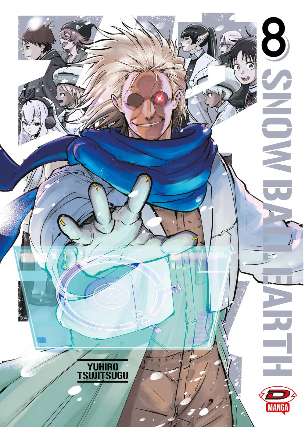 Copertina del manga Snowball Earth volume 8 edito da Dynit; l'illustrazione mostra il protagonista Tetsuo e il robot Yukio in un contesto sci-fi glaciale.