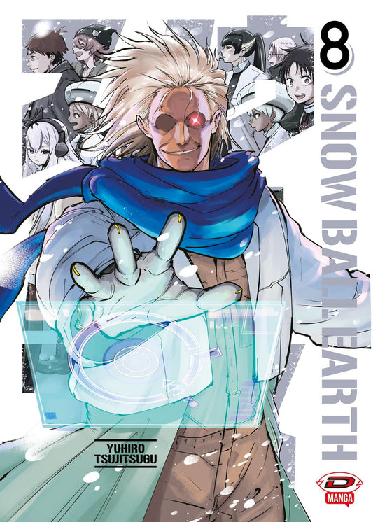 Copertina del manga Snowball Earth volume 8 edito da Dynit; l'illustrazione mostra il protagonista Tetsuo e il robot Yukio in un contesto sci-fi glaciale.