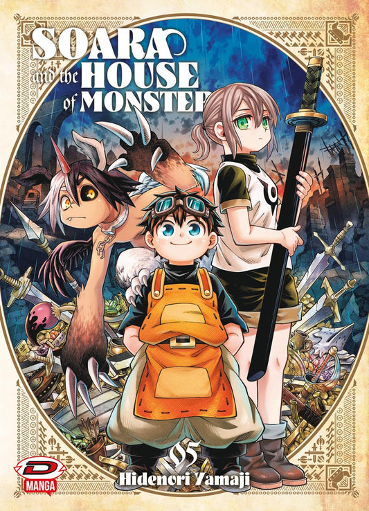 Copertina del manga Soara and the House of Monsters volume 5 edito da Dynit; l'illustrazione ritrae i protagonisti della serie in un contesto fantasy.