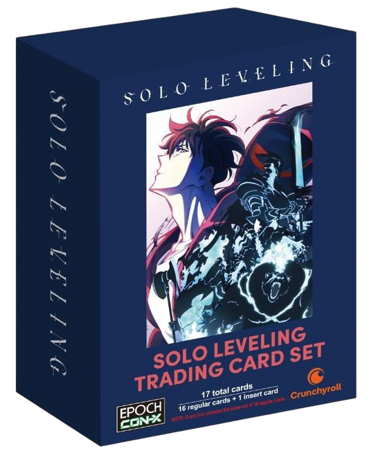 Confezione blu del set di carte collezionabili CON-X di Solo Leveling prodotto da EPOCH. L'illustrazione mostra Sung Jinwoo di profilo, circondato dai temibili guerrieri della sua armata di ombre.