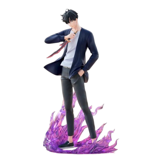 Figure di Sung Jinwoo da Solo Leveling in abiti casual, con una mano in tasca e un pugnale nell'altra, in piedi su una base di fiamme magiche viola.