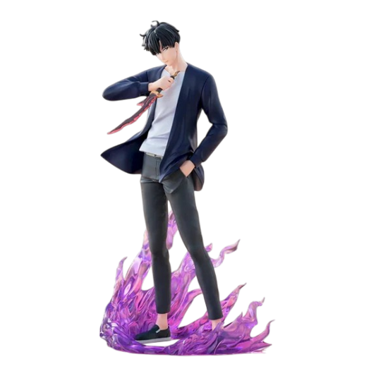 Figure di Sung Jinwoo da Solo Leveling in abiti casual, con una mano in tasca e un pugnale nell'altra, in piedi su una base di fiamme magiche viola.
