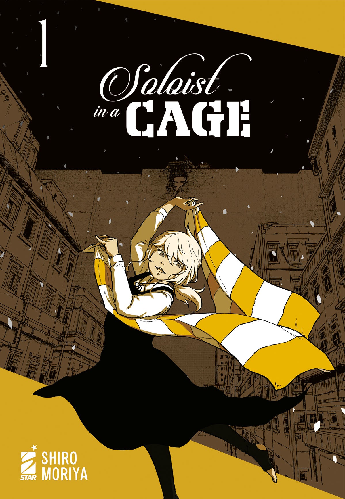 Copertina del primo volume del manga 'Soloist in a Cage' di Shiro Moriya, edito da Star Comics. L'illustrazione ritrae la giovane Chloe con abito scuro che danza facendo volteggiare una sciarpa a strisce gialle e bianche sotto la neve tra alti edifici, sormontata dal titolo e dal numero 1 in alto a sinistra.