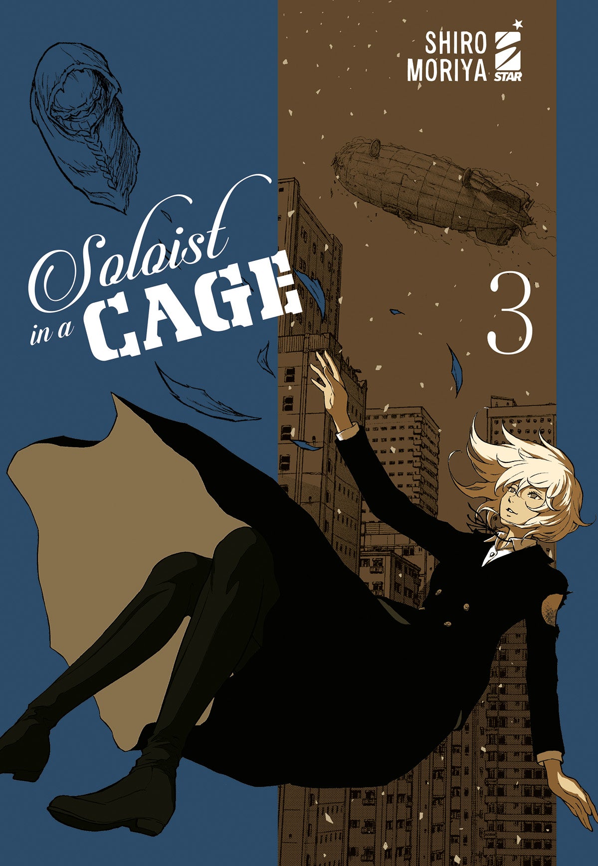Copertina del terzo volume del manga 'Soloist in a Cage' di Shiro Moriya, edito da Star Comics. L'illustrazione ritrae Chloe dai capelli biondi in abito scuro che fluttua mentre cade tra palazzi della città prigione, un dirigibile in cielo e fiocchi di neve, sormontata dal titolo e dal numero 3 in bianco.