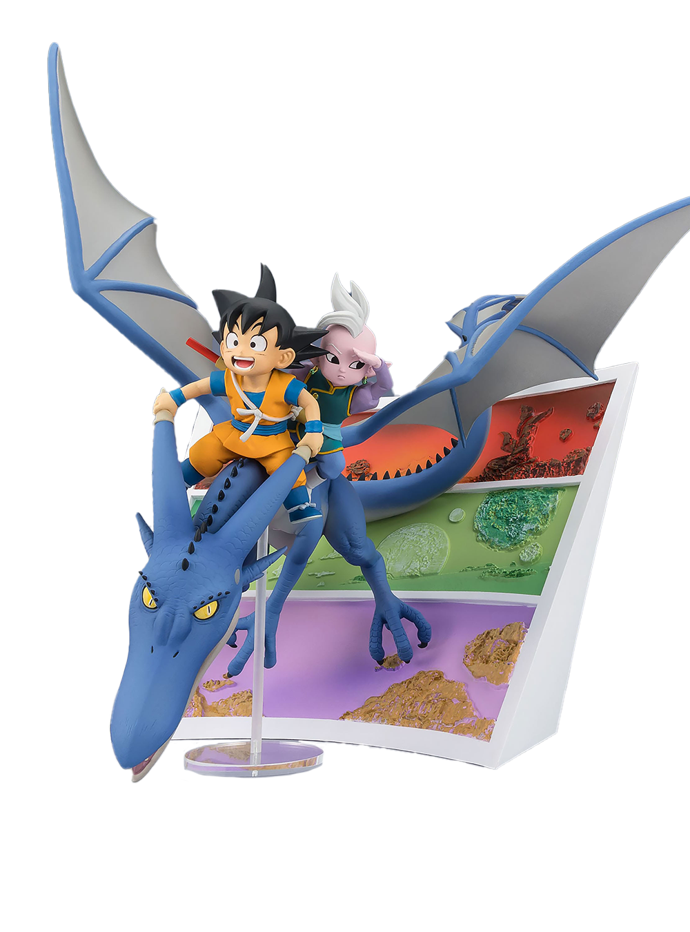 Figure da collezione di Son Goku e il Kaiohshin in versione Mini mentre cavalcano un drago blu con le ali spiegate. Goku sorride entusiasta sul dorso della creatura, mentre il Kaiohshin guarda lontano con una mano sulla fronte. Sullo sfondo si trova una struttura a pannelli colorati in rosso, verde e viola che mostra diversi paesaggi.