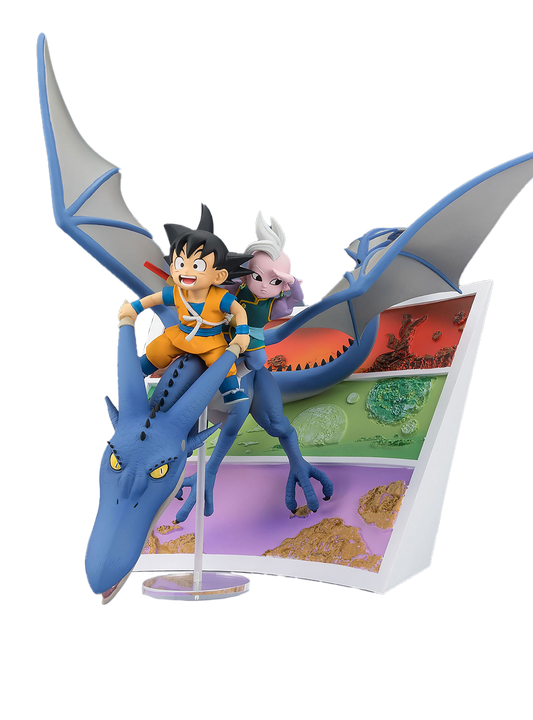Figure da collezione di Son Goku e il Kaiohshin in versione Mini mentre cavalcano un drago blu con le ali spiegate. Goku sorride entusiasta sul dorso della creatura, mentre il Kaiohshin guarda lontano con una mano sulla fronte. Sullo sfondo si trova una struttura a pannelli colorati in rosso, verde e viola che mostra diversi paesaggi.