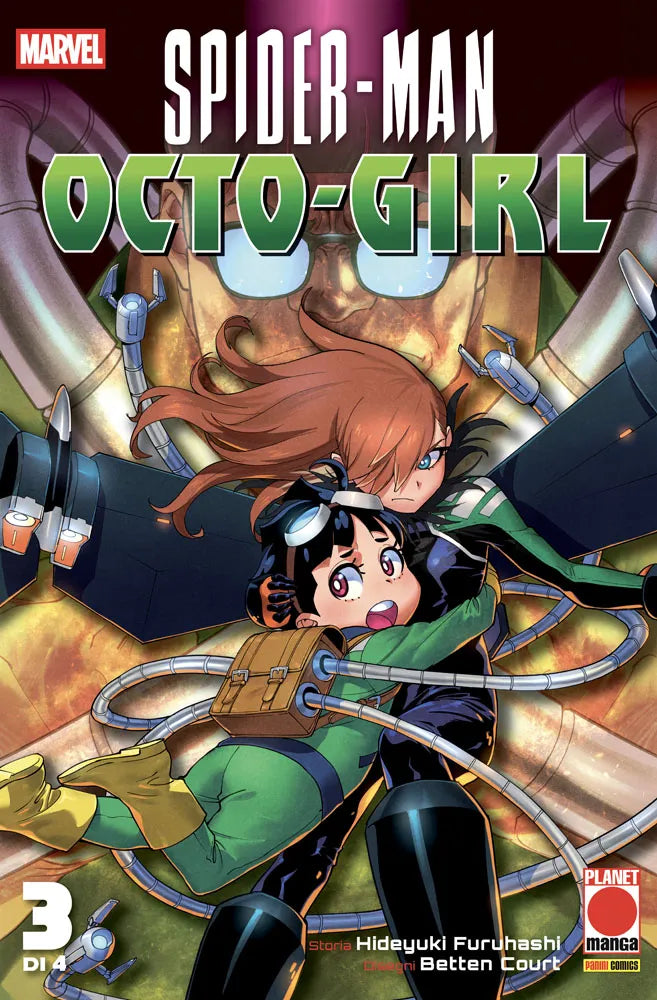 Copertina del terzo volume del manga 'Spider-Man: Octo-Girl' di Hideyuki Furuhashi e Betten Court, edito da Planet Manga. L'illustrazione ritrae in primo piano la giovane Otoha in tuta verde che abbraccia una ragazza con costume scuro e braccia meccaniche da polpo, con il volto del Dottor Octopus stilizzato sullo sfondo, il logo Marvel in alto a sinistra e l'indicazione '3 DI 4' in basso a sinistra.
