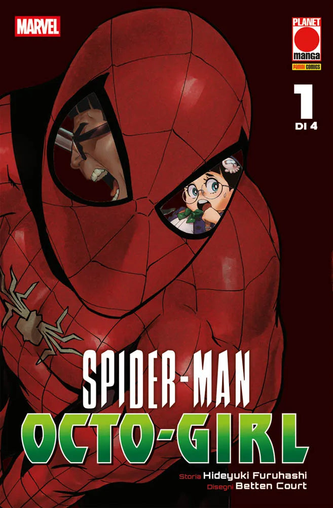 Copertina del primo volume in italiano del manga 'Spider-Man: Octo-Girl' di Hideyuki Furuhashi e Betten Court, edito da Panini Planet Manga. L'illustrazione mostra in primo piano la maschera rossa di Spider-Man; nelle lenti degli occhi figurano i riflessi del Dottor Octopus urlante a sinistra e della giovane studentessa Otoha Okuda con gli occhiali a destra.