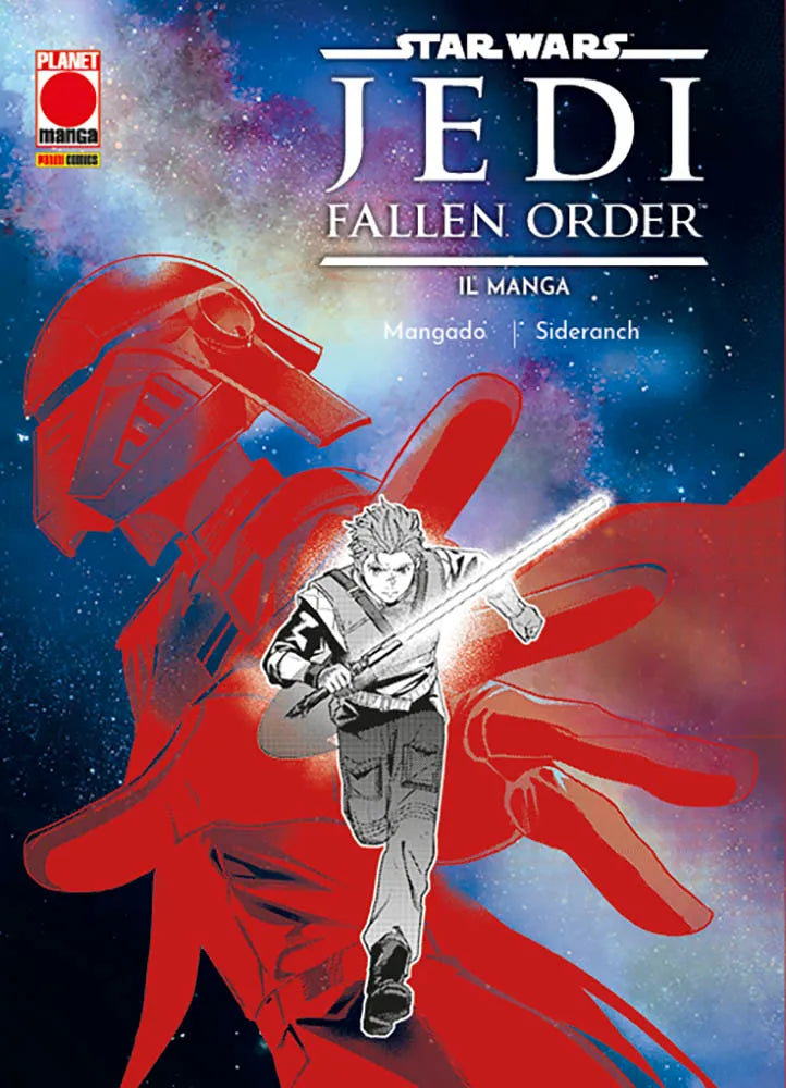 Copertina dell'edizione Variant del primo volume del manga Star Wars Jedi: Fallen Order, con il protagonista Cal Kestis che corre impugnando la spada laser in bianco e nero su una gigantesca sagoma rossa dell'Inquisitrice e uno sfondo cosmico stellato.