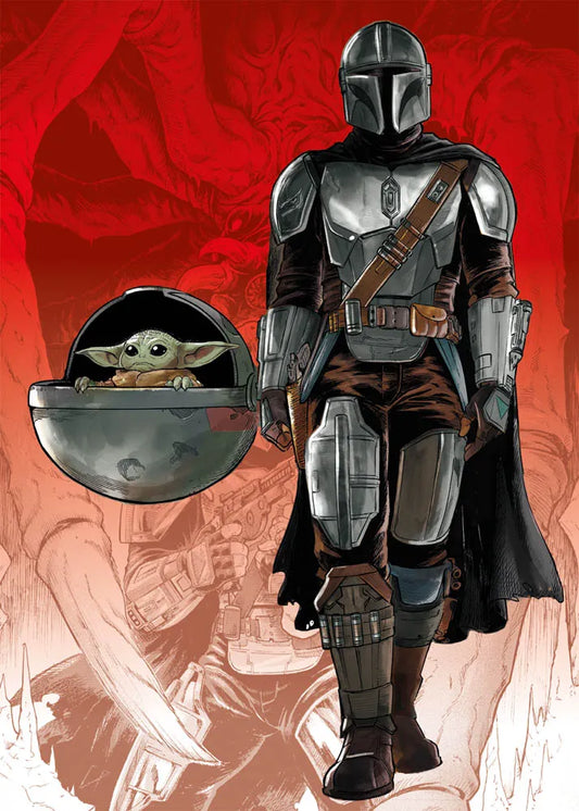 Copertina variant del fumetto Star Wars: The Mandalorian Stagione 2 volume 1. Illustrazione in stile pittorico su un intenso sfondo rosso: in primo piano il Mandaloriano nella sua iconica armatura Beskar argentata cammina in avanti, affiancato a sinistra dal piccolo Grogu all'interno della sua culla fluttuante metallica. Sullo sfondo si intravedono in trasparenza sfumature e dettagli di creature.