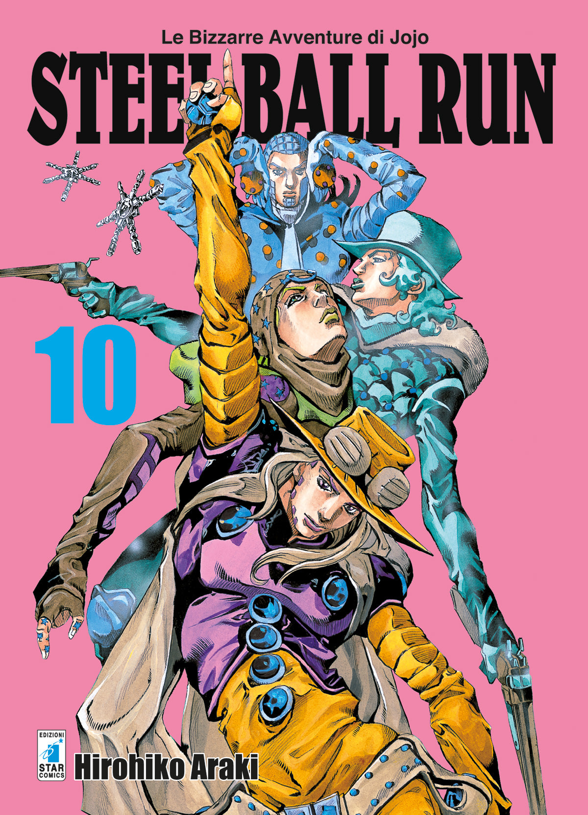 Copertina del manga Steel Ball Run Vol. 10 edito da Star Comics. Su un vivace e uniforme sfondo rosa acceso, si stagliano quattro personaggi in posa dinamica, sovrapposti dal basso verso l'alto. In primo piano in basso c'è Gyro Zeppeli (J.Lo), vestito di viola e giallo ocra con il suo caratteristico cappello a falda larga e occhialoni. Sopra di lui, Johnny Joestar guarda verso l'alto con un cappuccio a stelle. Ancora più in alto, due misteriosi personaggi dai toni azzurri