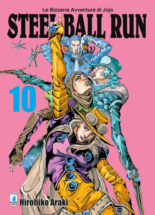 Copertina del manga Steel Ball Run Vol. 10 edito da Star Comics. Su un vivace e uniforme sfondo rosa acceso, si stagliano quattro personaggi in posa dinamica, sovrapposti dal basso verso l'alto. In primo piano in basso c'è Gyro Zeppeli (J.Lo), vestito di viola e giallo ocra con il suo caratteristico cappello a falda larga e occhialoni. Sopra di lui, Johnny Joestar guarda verso l'alto con un cappuccio a stelle. Ancora più in alto, due misteriosi personaggi dai toni azzurri