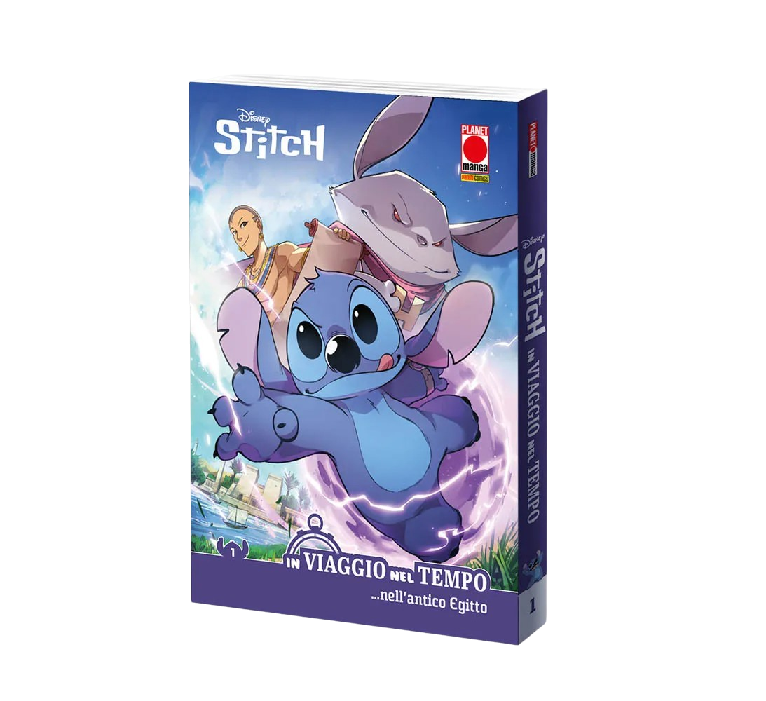Copertina del primo volume del manga Disney Stitch - In Viaggio Nel Tempo. In primo piano Stitch salta fuori in modo dinamico da un cerchio di energia magica, mentre sullo sfondo si intravedono un paesaggio dell'antico Egitto e due misteriosi personaggi.