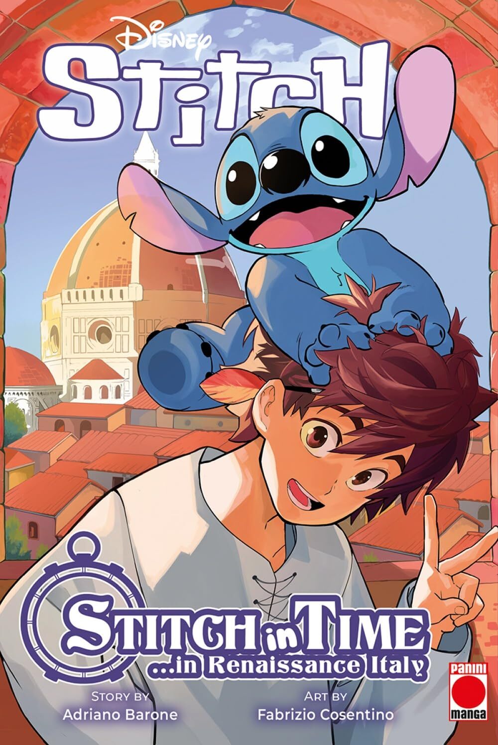 Copertina di Stitch In Viaggio Nel Tempo Vol. 2 edito da Panini Planet Manga con Stitch sulla testa di Giacomo con lo sfondo della cupola di Firenze.