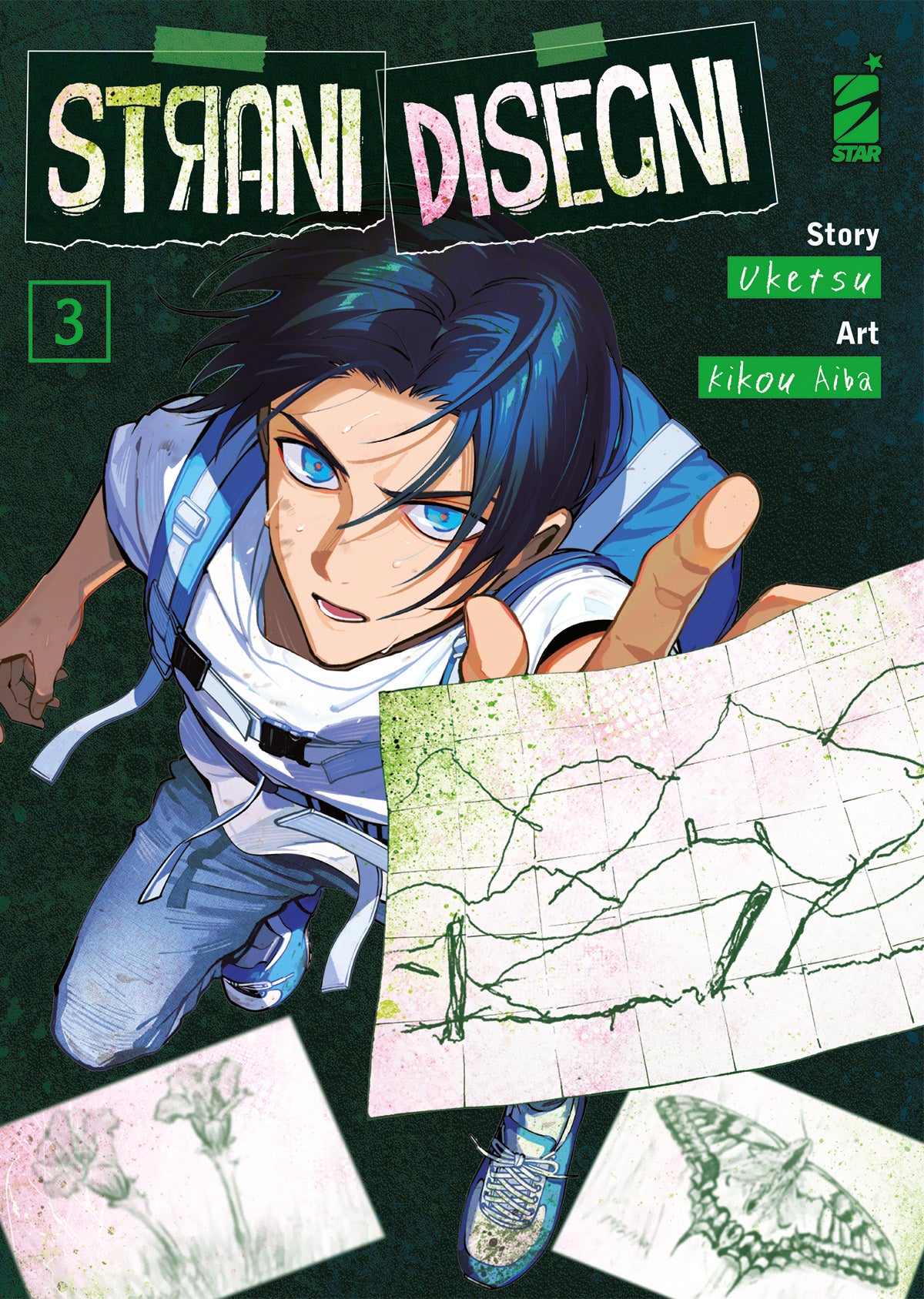 Copertina del terzo volume del manga Strani Disegni, che mostra un giovane inquadrato dall'alto con intensi occhi azzurri luminosi e uno zaino, mentre allunga la mano verso l'osservatore mostrando un foglio di carta a quadretti con un disegno a linee verdi, sopra altri due schizzi di fiori e di una farfalla.