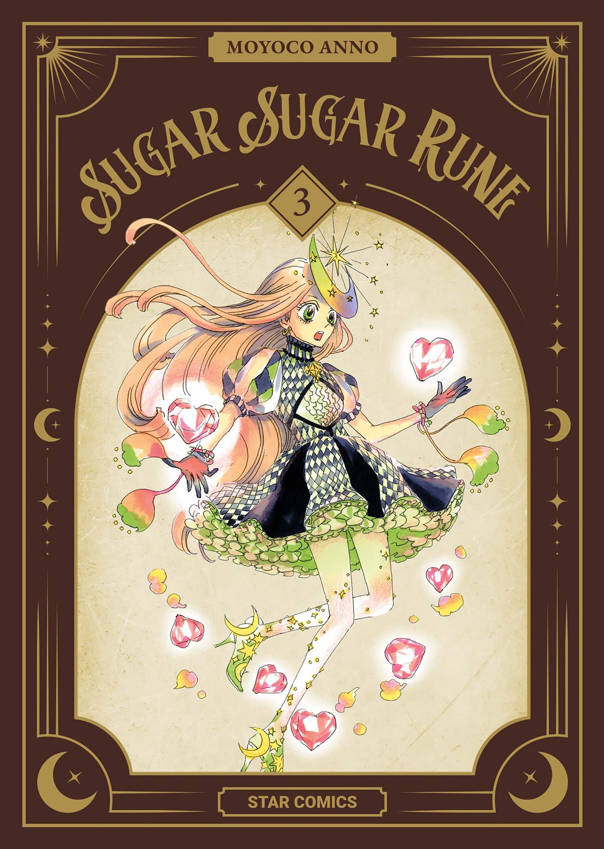 Copertina del terzo volume del manga 'Sugar Sugar Rune New Edition' di Moyoco Anno, edito da Star Comics. L'illustrazione in stile vintage ritrae la streghetta Chocolat fluttuante in un vestito con motivi a scacchi e toni verdi, circondata da cuori cristallini luminosi, con il titolo 'SUGAR SUGAR RUNE' e il numero 3 all'interno di una cornice dorata elegante su sfondo marrone.