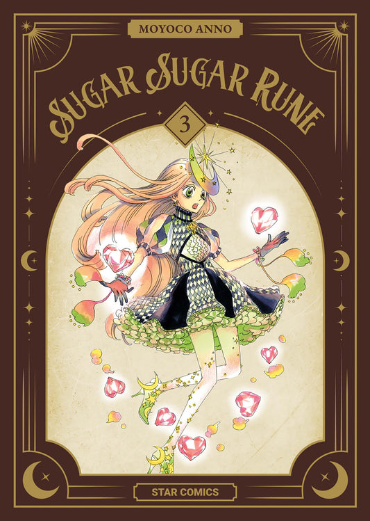 Copertina del terzo volume del manga 'Sugar Sugar Rune New Edition' di Moyoco Anno, edito da Star Comics. L'illustrazione in stile vintage ritrae la streghetta Chocolat fluttuante in un vestito con motivi a scacchi e toni verdi, circondata da cuori cristallini luminosi, con il titolo 'SUGAR SUGAR RUNE' e il numero 3 all'interno di una cornice dorata elegante su sfondo marrone.