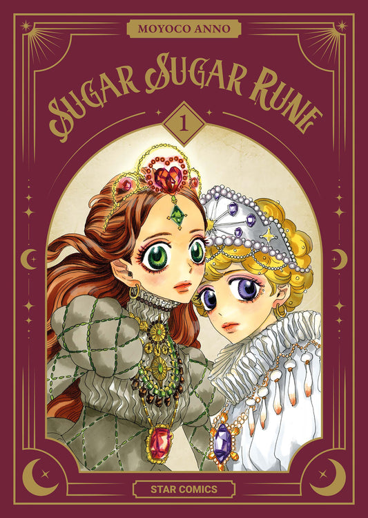 Copertina dell'edizione New Edition del manga Sugar Sugar Rune volume 1 (riferimento immagine: sugarsugarrune-newedition-1-1200px.jpg). All'interno di un'elegante cornice dorata su sfondo bordeaux, sono ritratte in primo piano le due streghette: Chocolat a sinistra, con lunghi capelli rossi e una sfarzosa tiara incastonata di cuori preziosi, e Vanilla a destra, con capelli biondi e un copricapo argenteo tempestato di gemme.
