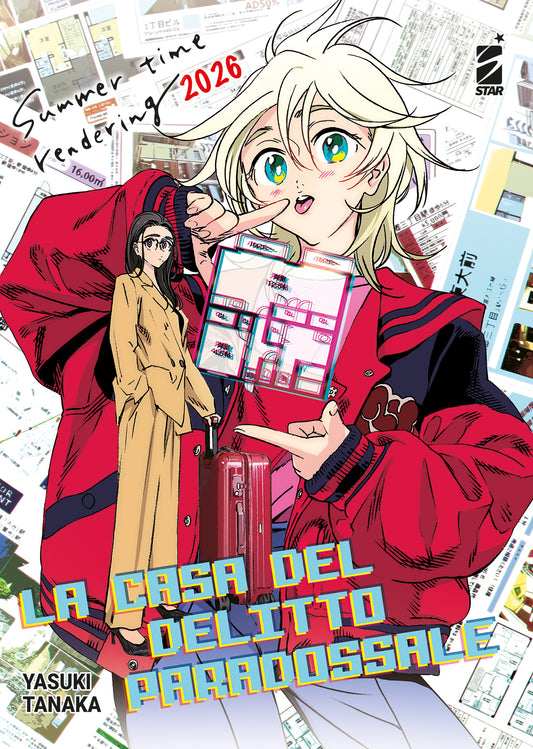 Copertina del volume unico in italiano del manga 'Summer Time Rendering 2026: La Casa Del Delitto Paradossale' di Yasuki Tanaka, edito da Star Comics. L'illustrazione su uno sfondo composto da piantine d'appartamento ritrae in primo piano la giovane Haine Minakata con capelli biondi e giubbotto sportivo rosso che indica la planimetria di una casa, affiancata a sinistra dalla figura di Ryunosuke Nagumo in completo giallo con trolley rosso, sormontate dal titolo 'LA CASA DEL DELITTO PARADOSSALE' in lettere az