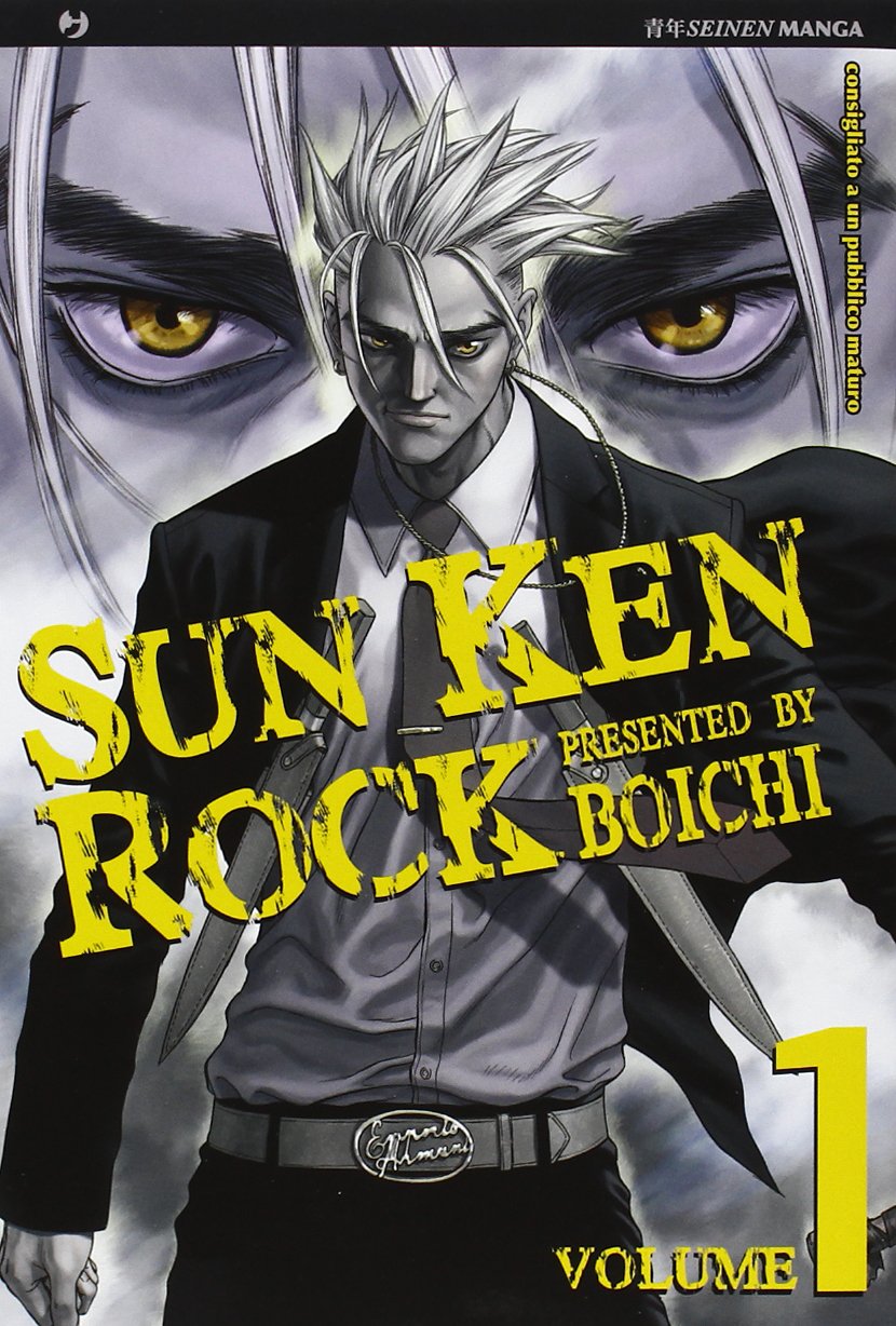 Copertina del manga Sun Ken Rock Vol. 1; il protagonista Ken è ritratto a mezzo busto con un abito elegante nero, camicia grigia e capelli biondi a spazzola; sullo sfondo appaiono i suoi occhi in primo piano con uno sguardo intenso.