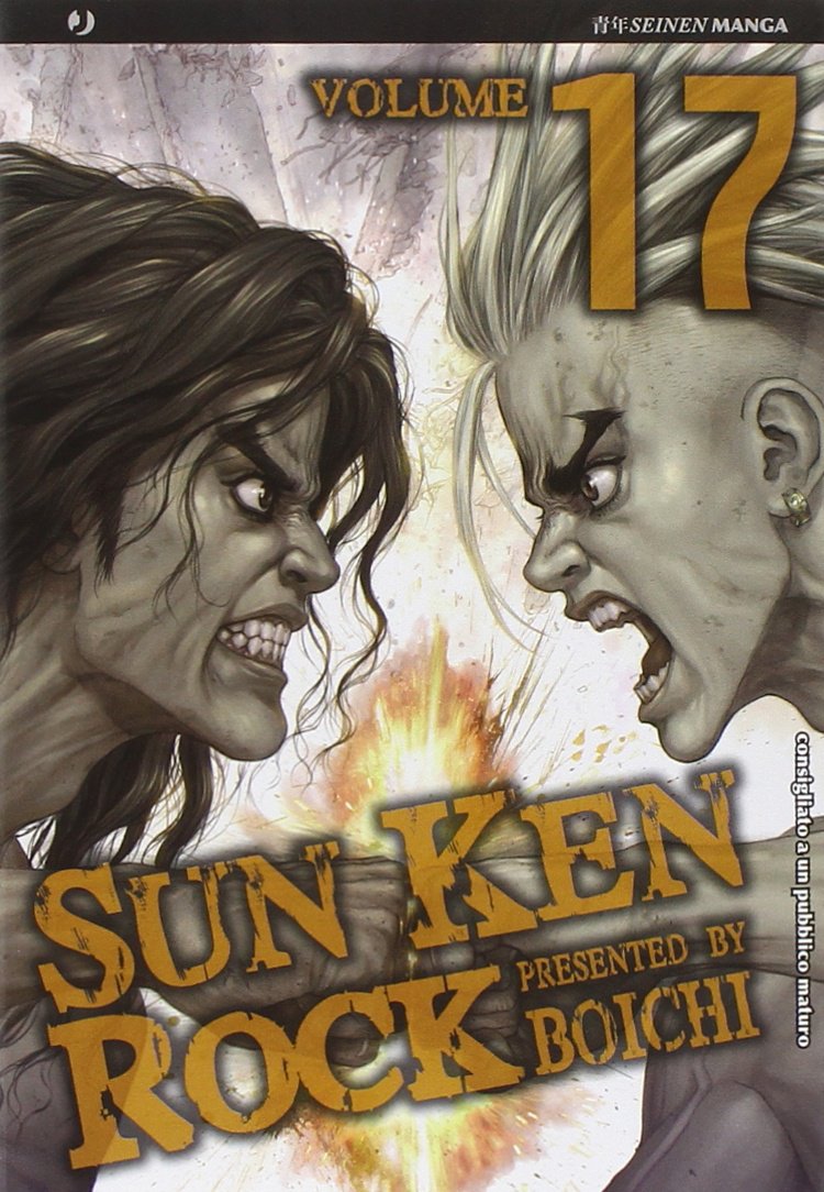 Copertina del manga Sun Ken Rock Vol. 17; primo piano di profilo di due combattenti che si scontrano faccia a faccia colpendosi simultaneamente, urlando con espressioni rabbiose; al centro dell'impatto c'è un effetto di luce ed esplosione.
