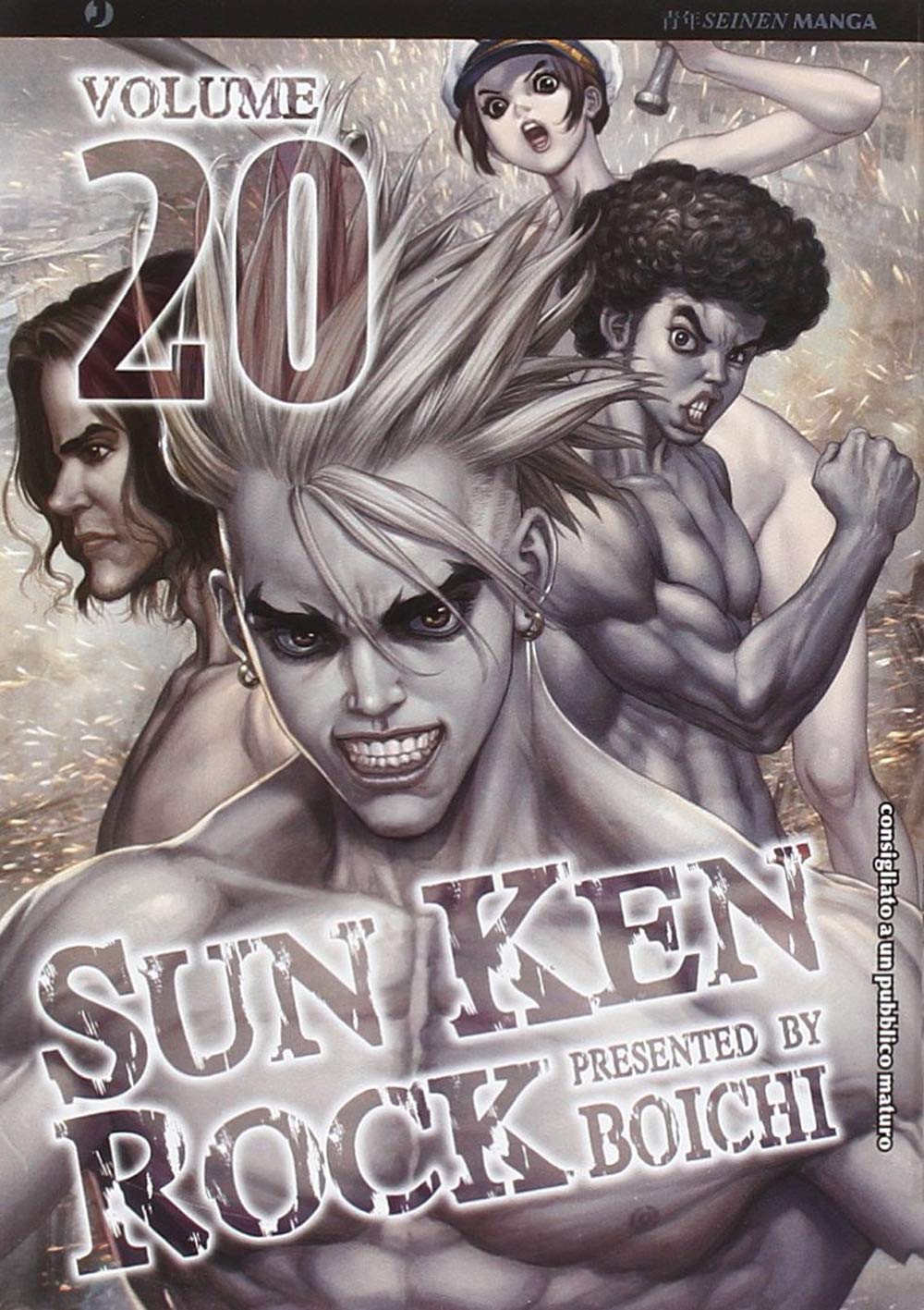 Copertina del manga Sun Ken Rock Vol. 20 su sfondo dai toni metallici; in primo piano Ken a torso nudo con espressione aggressiva, circondato dai suoi compagni di gang, tra cui un uomo con capelli afro e una donna con un manganello.