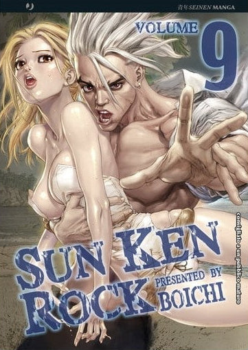 Copertina del manga Sun Ken Rock Vol. 9; il protagonista Ken, con espressione aggressiva, tiene in braccio una ragazza bionda in bikini bianco e allunga una mano aperta verso lo spettatore in un gioco di prospettiva.