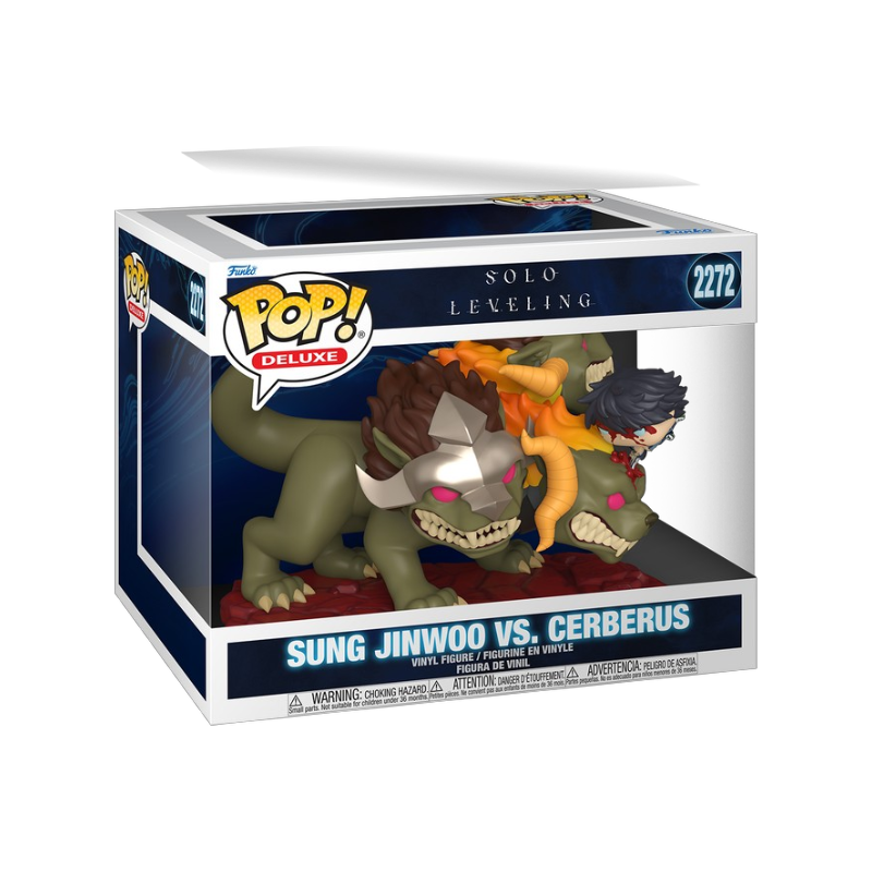 Scatola con finestra del Funko POP! Deluxe numero 2272 raffigurante lo scontro Sung Jinwoo Vs. Cerberus dall'anime e manhwa Solo Leveling. La figure all'interno mostra il gigantesco mostro Cerbero a tre teste con occhi rossi e fauci affilate mentre Sung Jinwoo lo attacca dall'alto arrampicato sopra una delle teste.